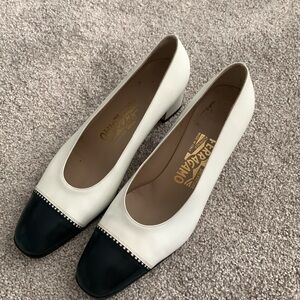 Salvatore Ferragamo white heels with black detail